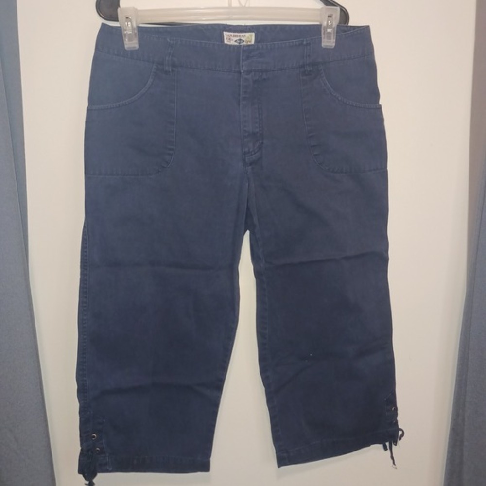 Caribbean Joe‎ Classic Navy Blue Cotton Lace Up Hem Capri Boat Pants Petite 14P